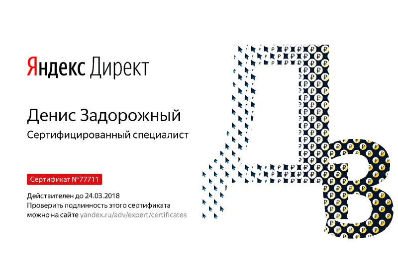 Сертификат специалиста Яндекс. Директ - Задорожный Д. в Петрозаводска